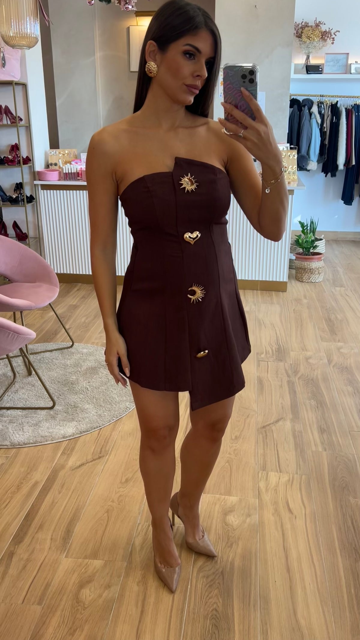 Vestido Asimétrico Botones Oro Chocolate