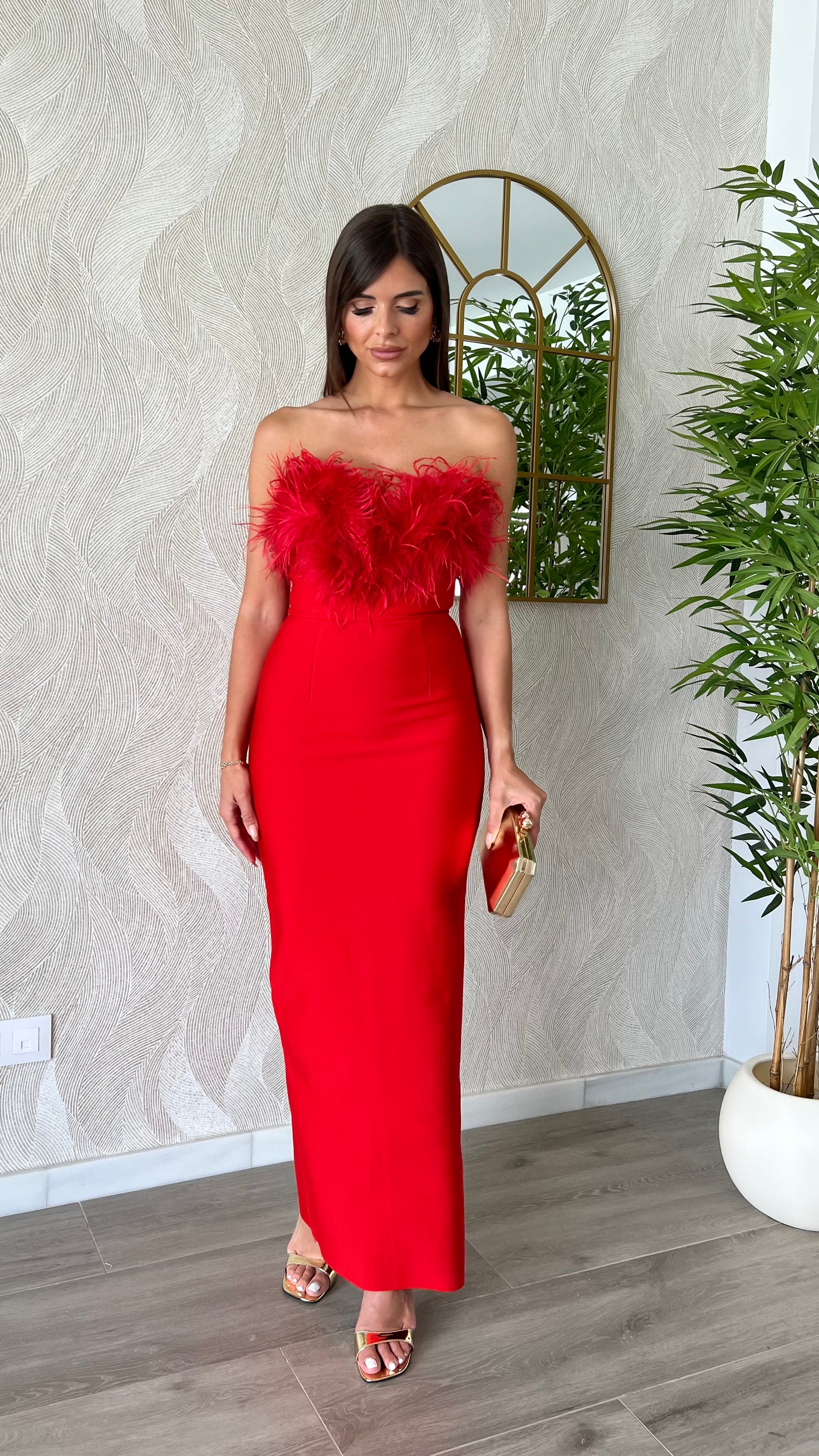 Vestido Bandage Silvia Plumas Rojo