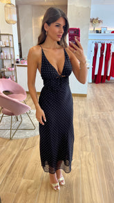 Vestido Midi Negro Lunares