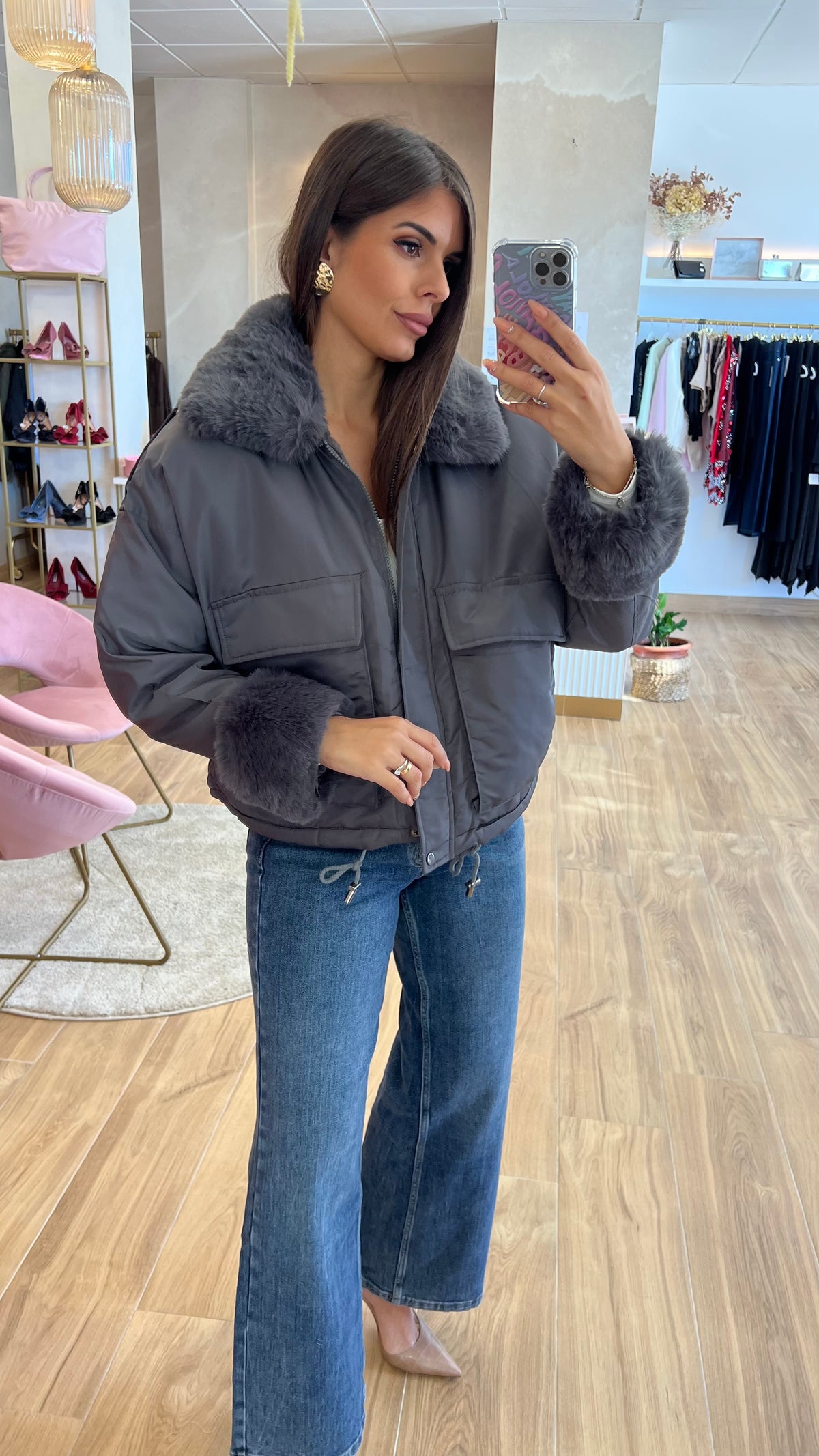 Chaqueta Acolchada Forro Borreguito - Gris Premium