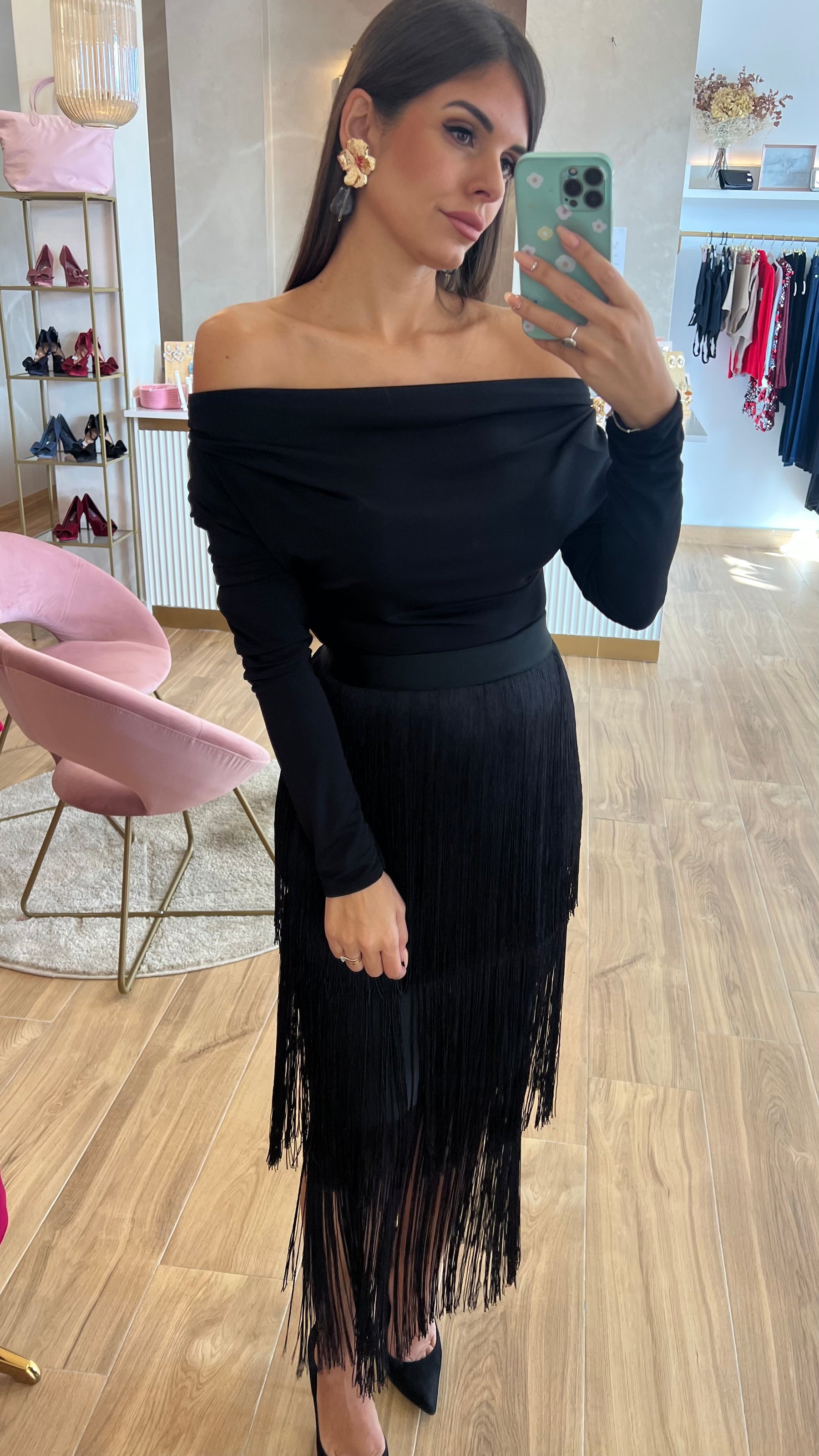 Falda Bandage Midi Flecos Negra