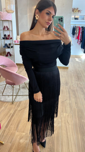 Falda Bandage Midi Flecos Negra