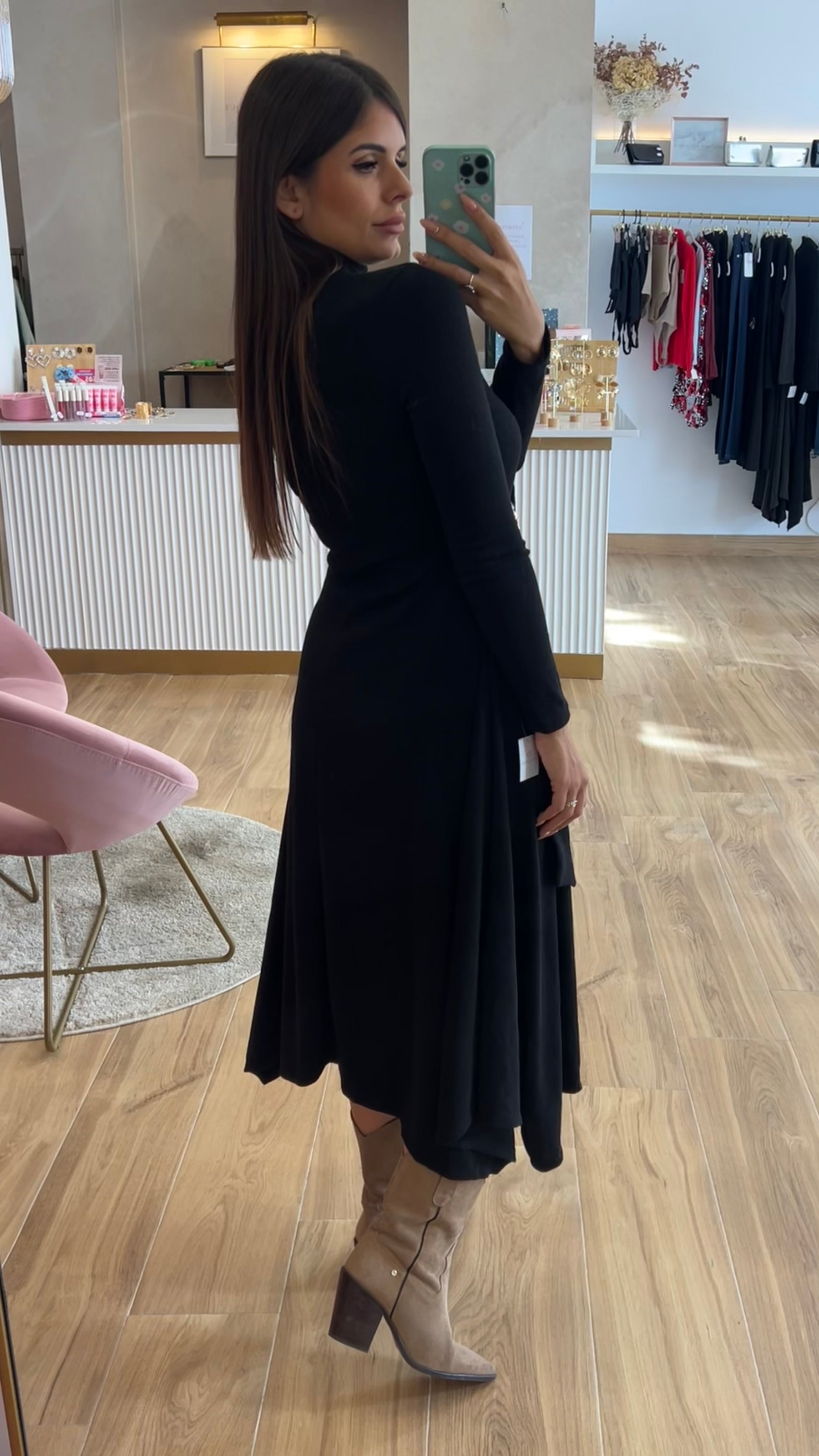 Vestido Midi Punto Premium Manga Larga Negro