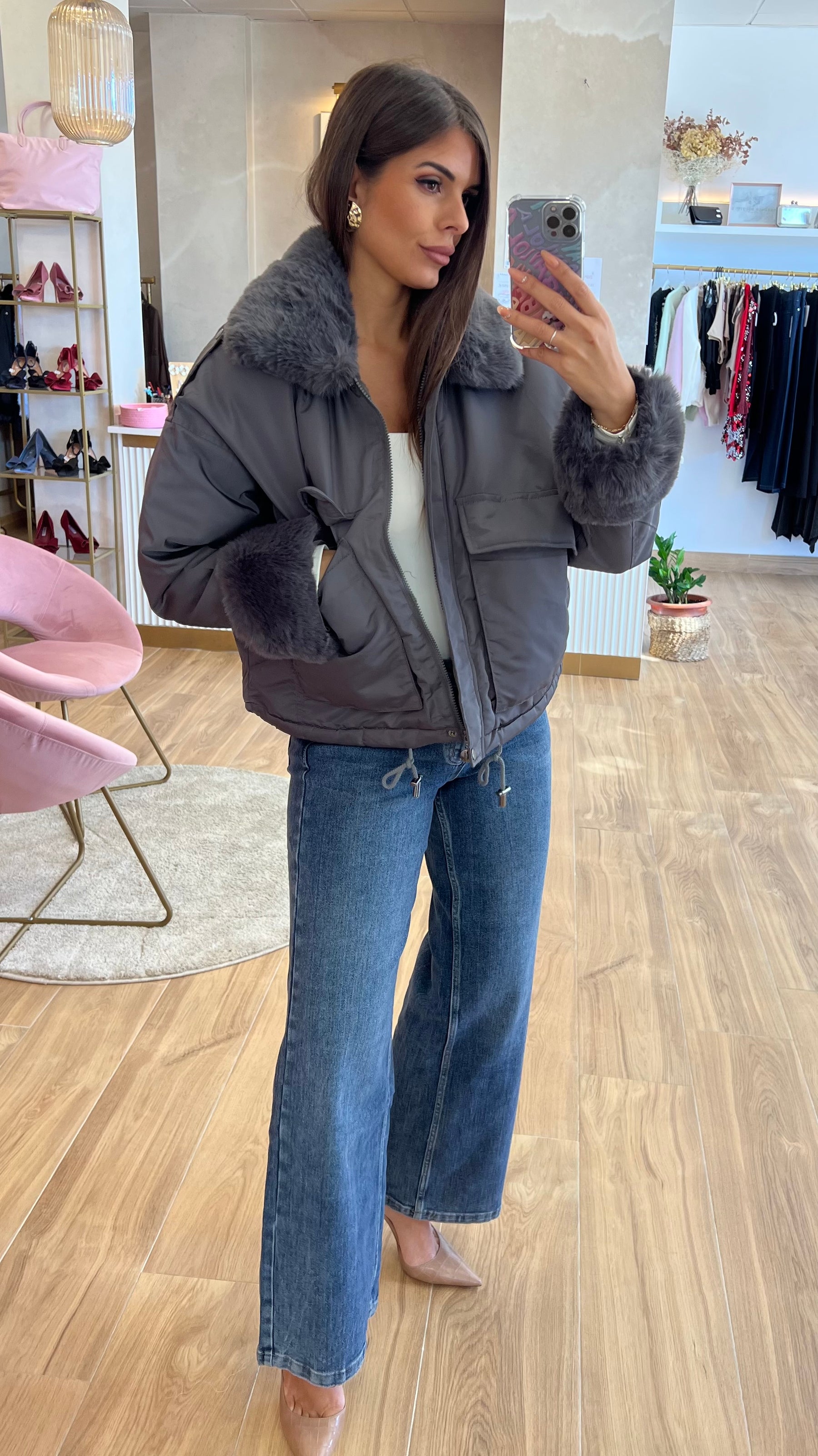 Chaqueta Acolchada Forro Borreguito - Gris Premium