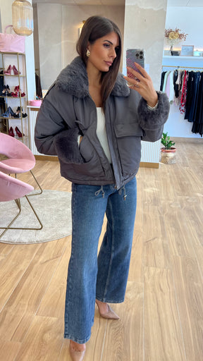 Chaqueta Acolchada Forro Borreguito - Gris Premium