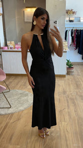 Vestido Cuello Oro Nudo Negro