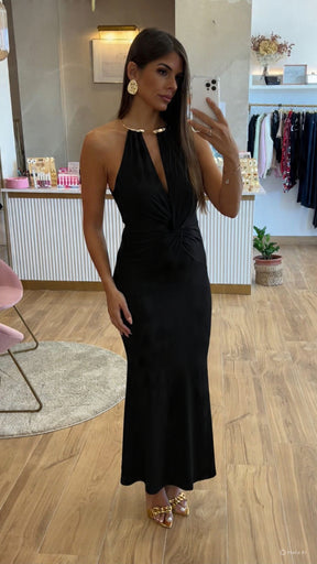 Vestido Cuello Oro Nudo Negro