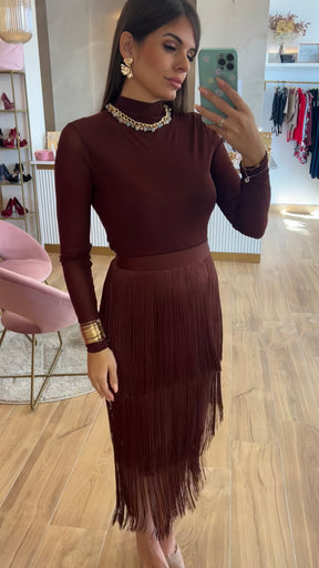 Falda Bandage Midi Flecos Chocolate