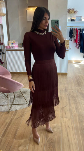 Falda Bandage Midi Flecos Chocolate