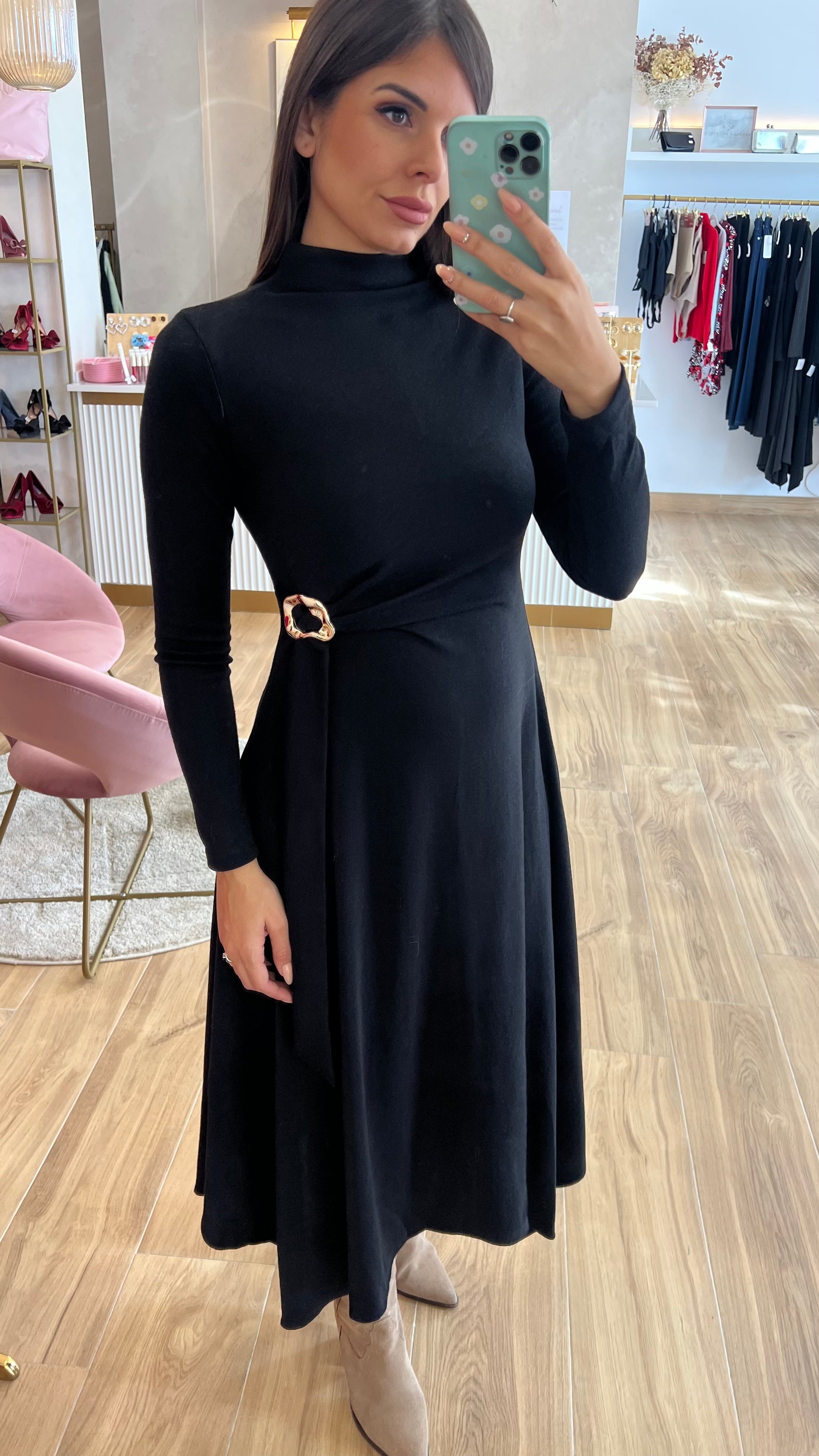 Vestido Midi Punto Premium Manga Larga Negro
