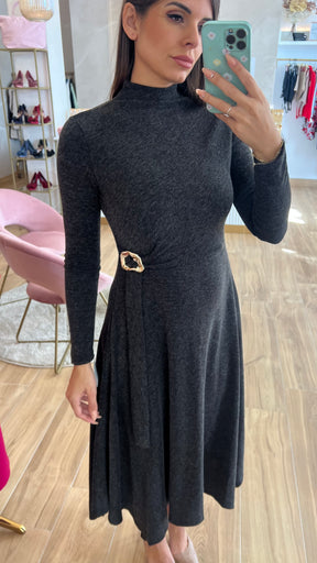 Vestido Midi Punto Premium Manga Larga Gris