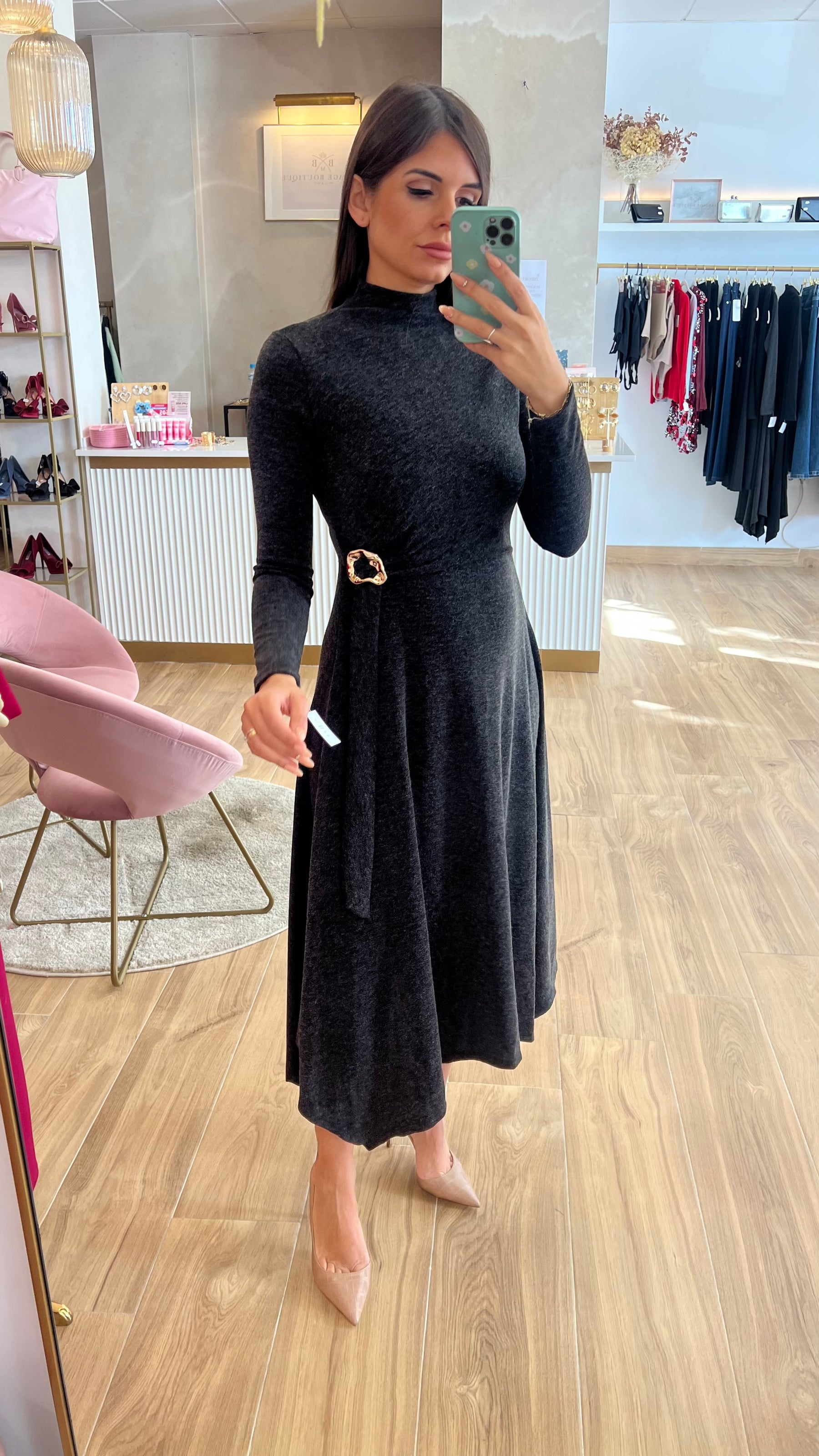 Vestido Midi Punto Premium Manga Larga Gris