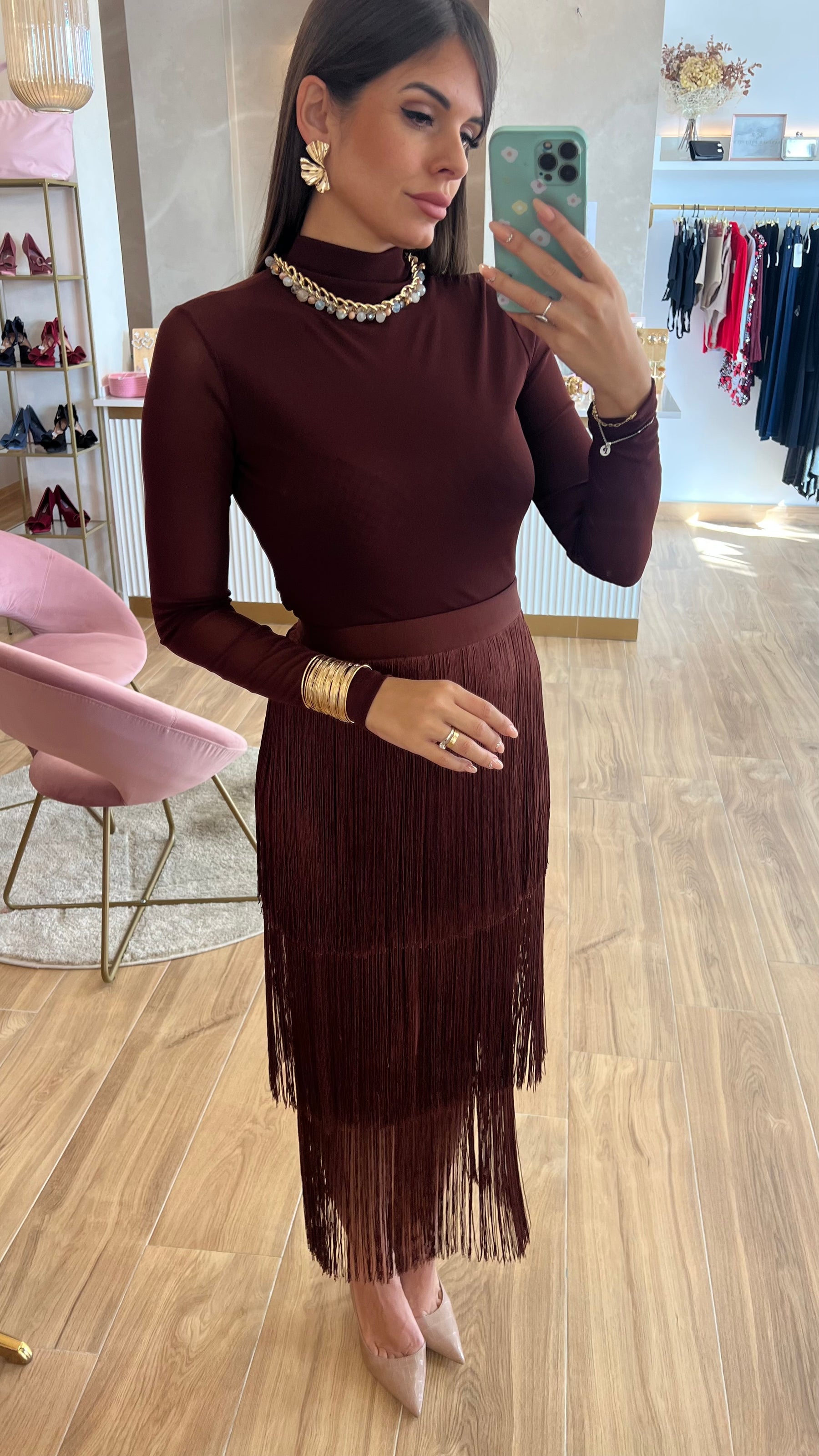 Falda Bandage Midi Flecos Chocolate
