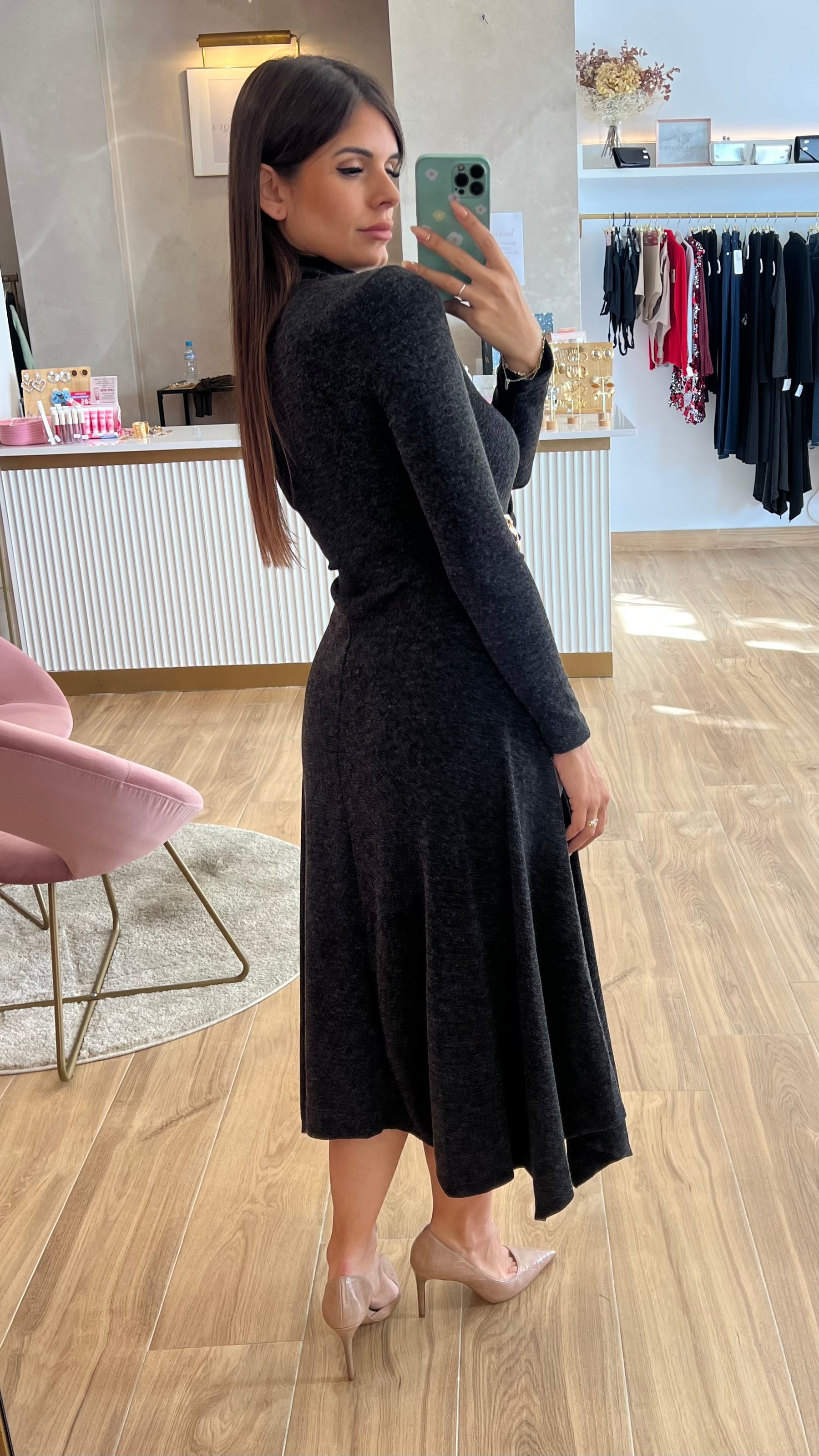 Vestido Midi Punto Premium Manga Larga Gris