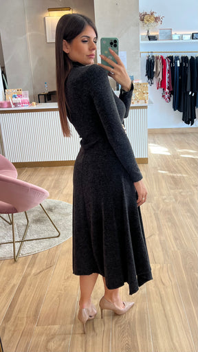 Vestido Midi Punto Premium Manga Larga Gris
