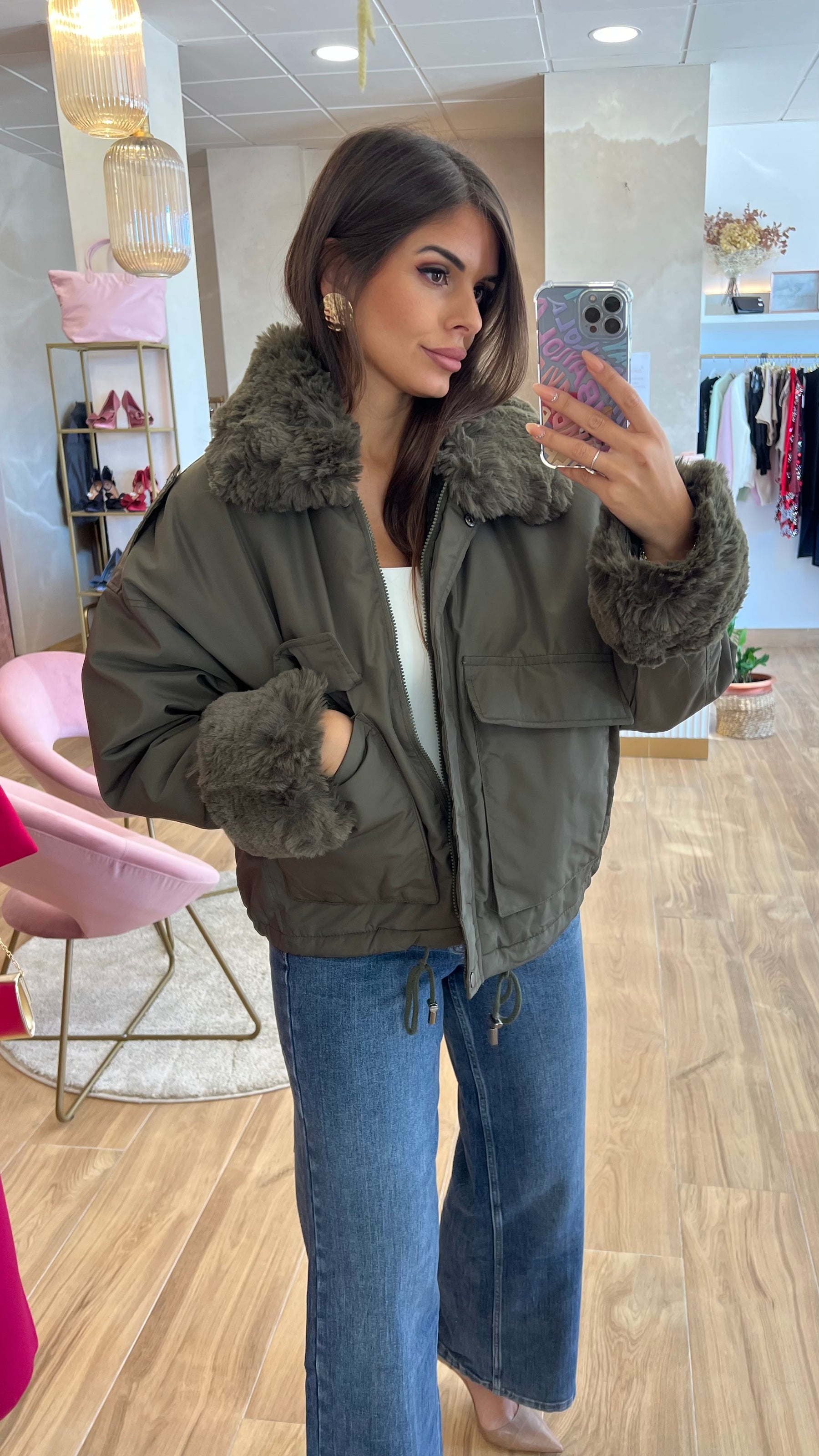 Chaqueta Acolchada Forro Borreguito – Khaki Premium