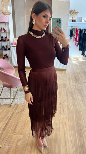 Falda Bandage Midi Flecos Chocolate