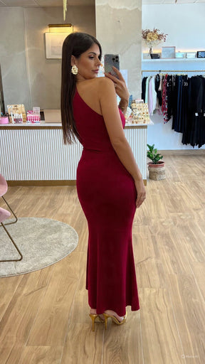 Vestido Cuello Oro Nudo Burdeos