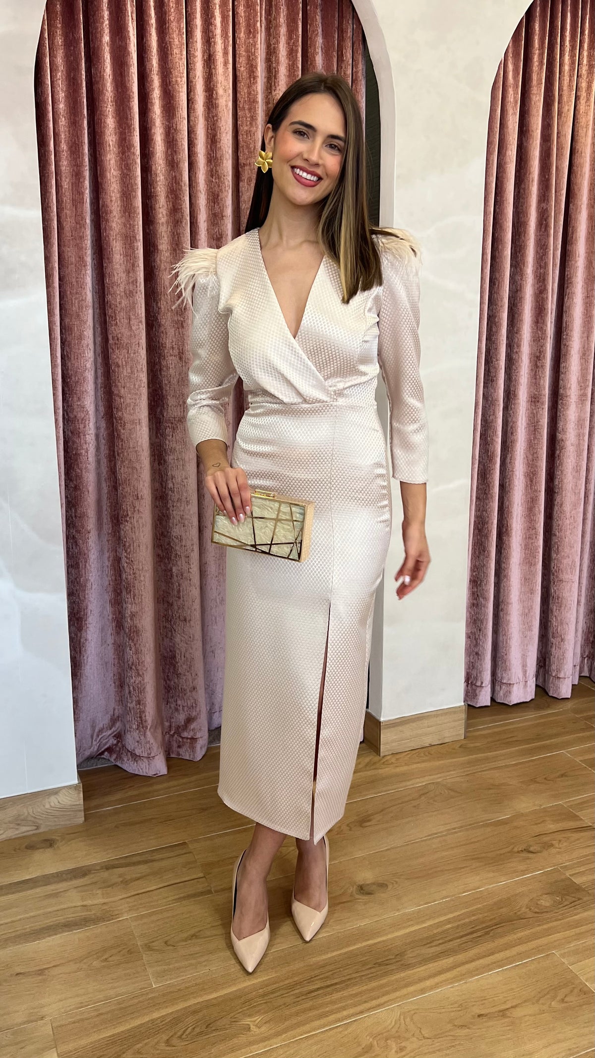 Vestido Bianca Plumas Beige-Champán “Made in Spain”