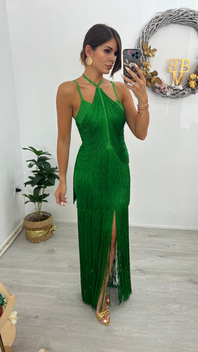 Vestido Bandage Cancún Verde Flecos Edición Limitada