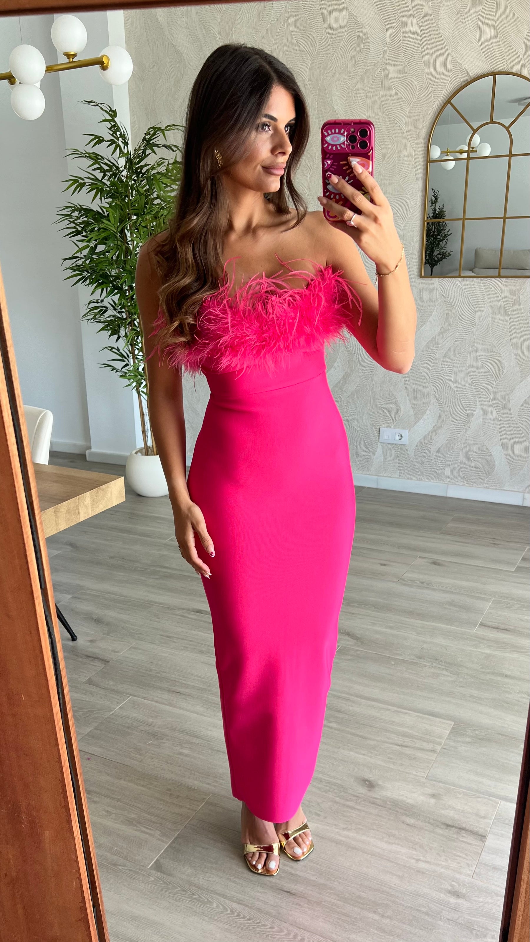 Vestido Bandage Silvia Plumas Fucsia