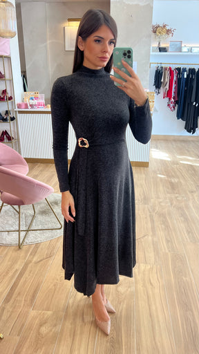 Vestido Midi Punto Premium Manga Larga Gris