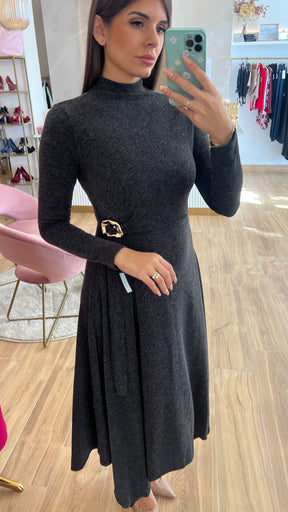 Vestido Midi Punto Premium Manga Larga Gris