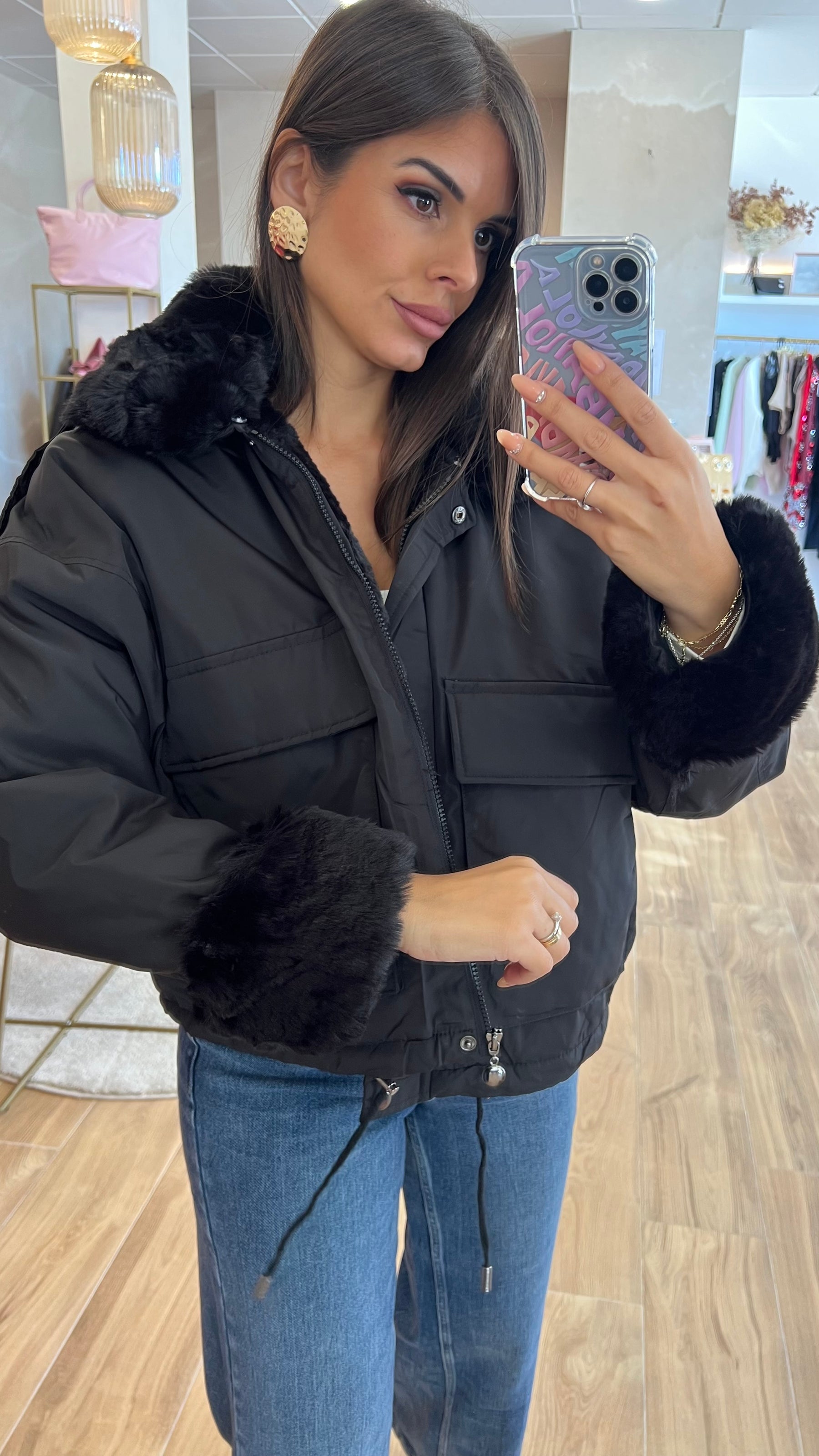 Chaqueta Acolchada Forro Borreguito - Negro Premium