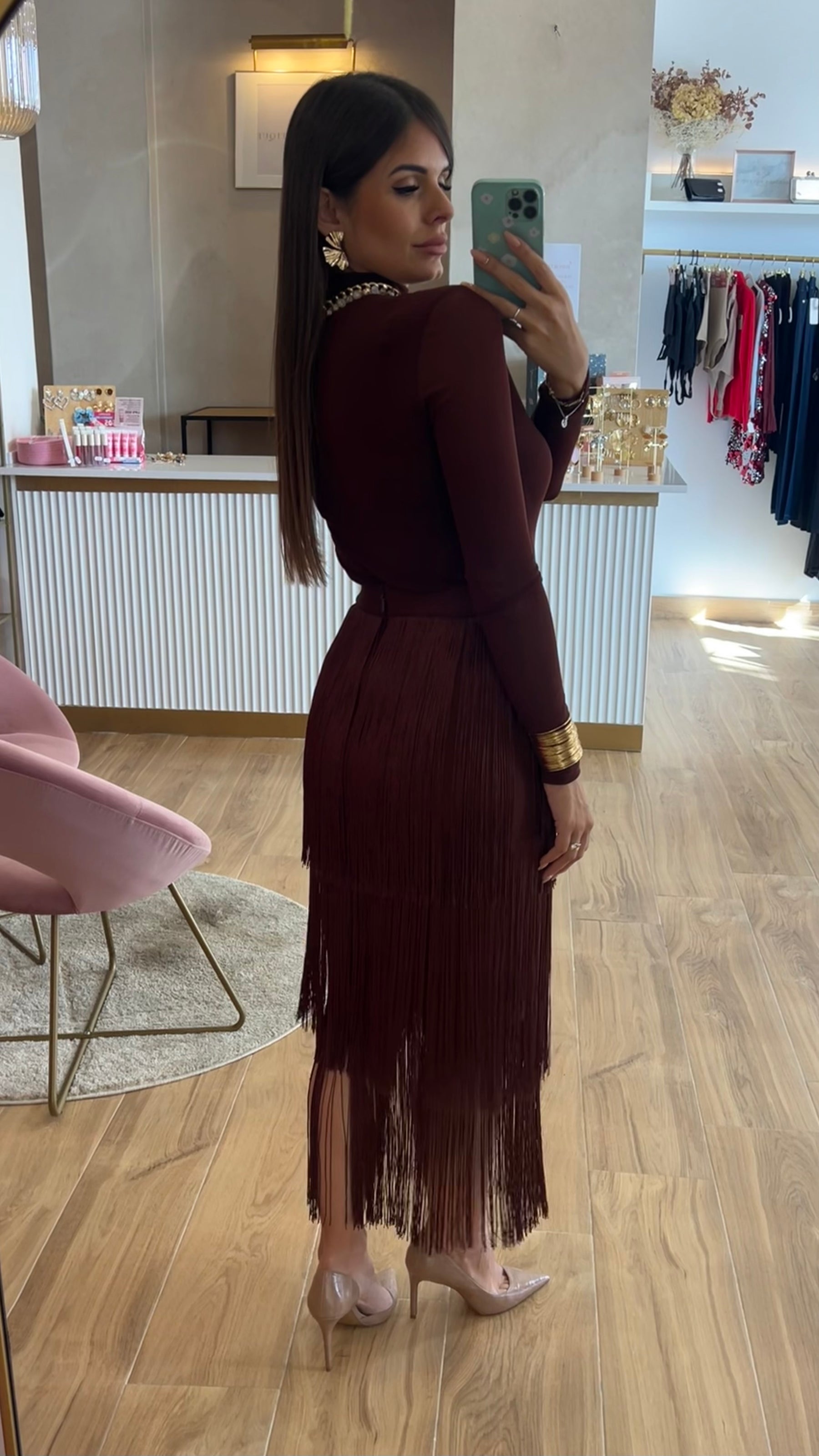 Falda Bandage Midi Flecos Chocolate