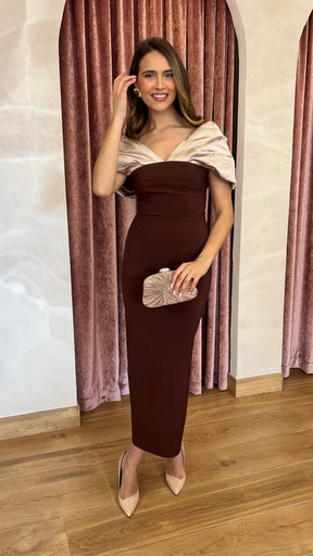 Vestido Escote Bicolor Marrón