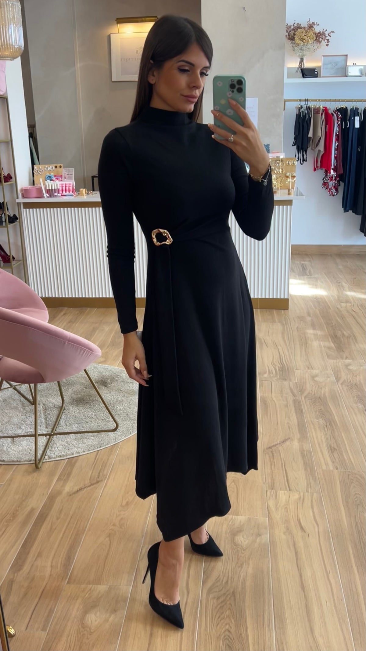 Vestido Midi Punto Premium Manga Larga Negro