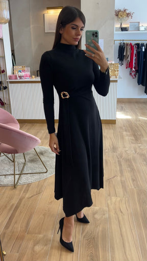 Vestido Midi Punto Premium Manga Larga Negro
