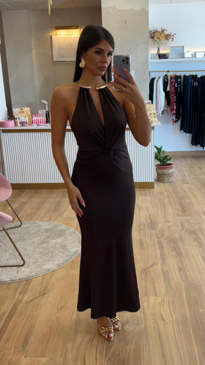 Vestido Cuello Oro Nudo Chocolate