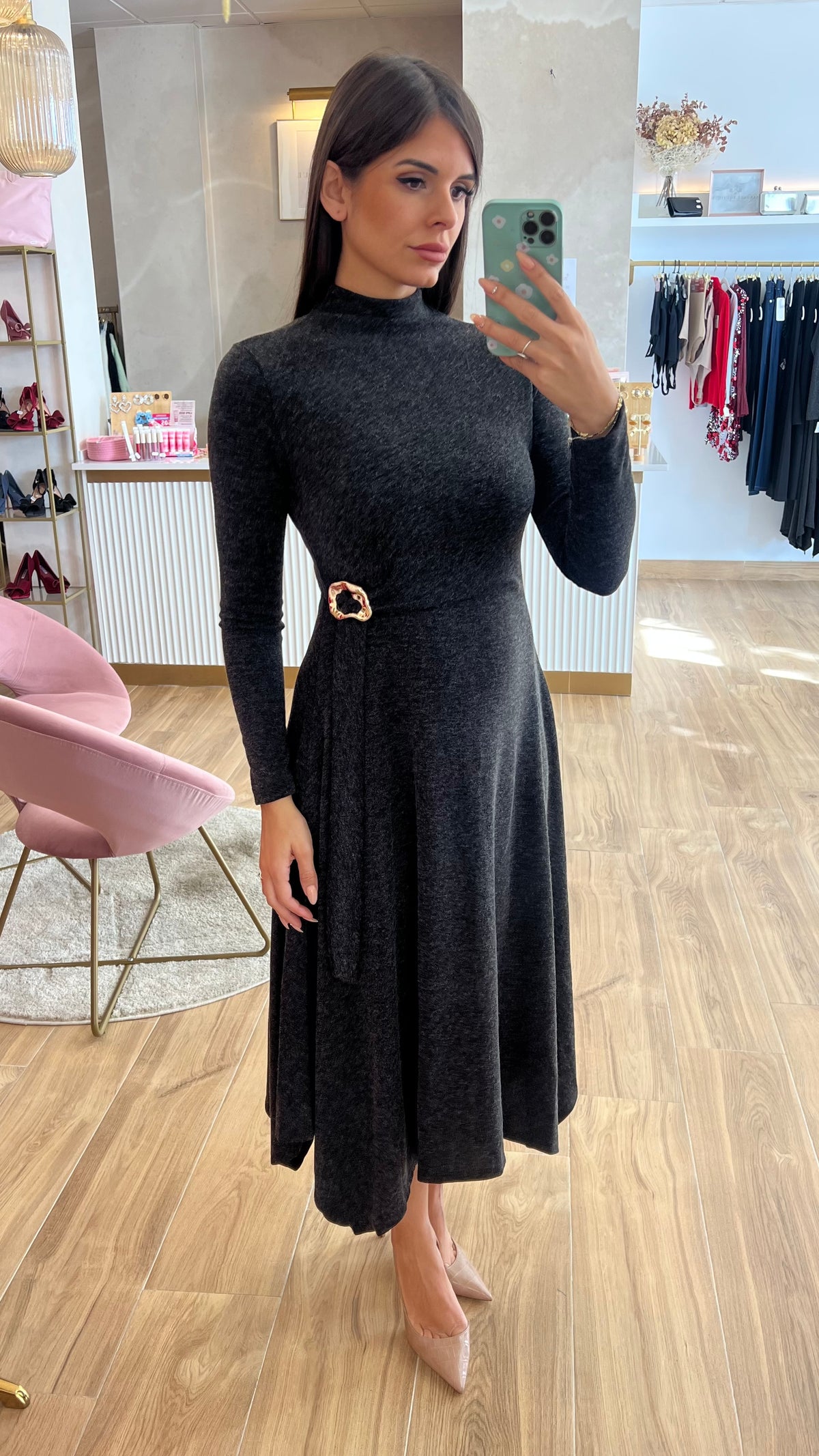 Vestido Midi Punto Premium Manga Larga Gris