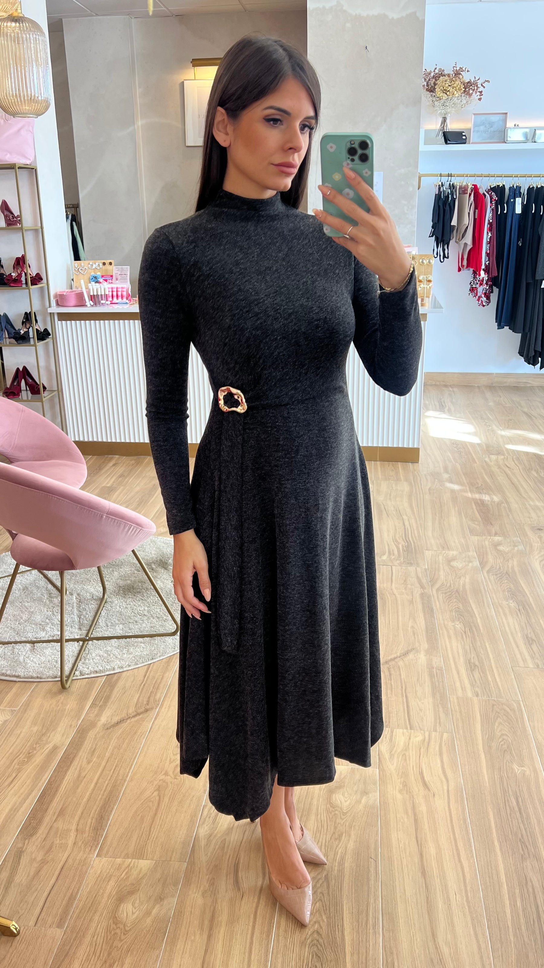 Vestido Midi Punto Premium Manga Larga Gris