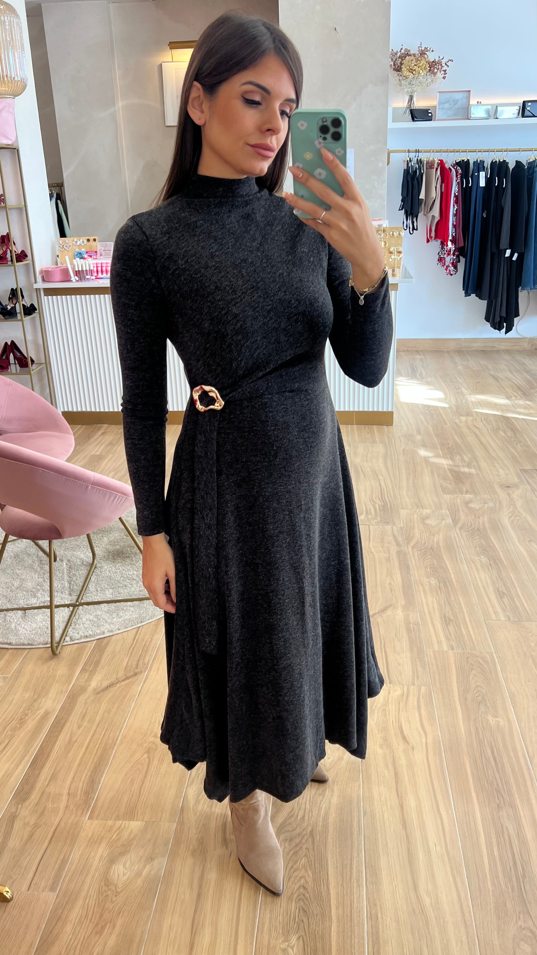 Vestido Midi Punto Premium Manga Larga Gris