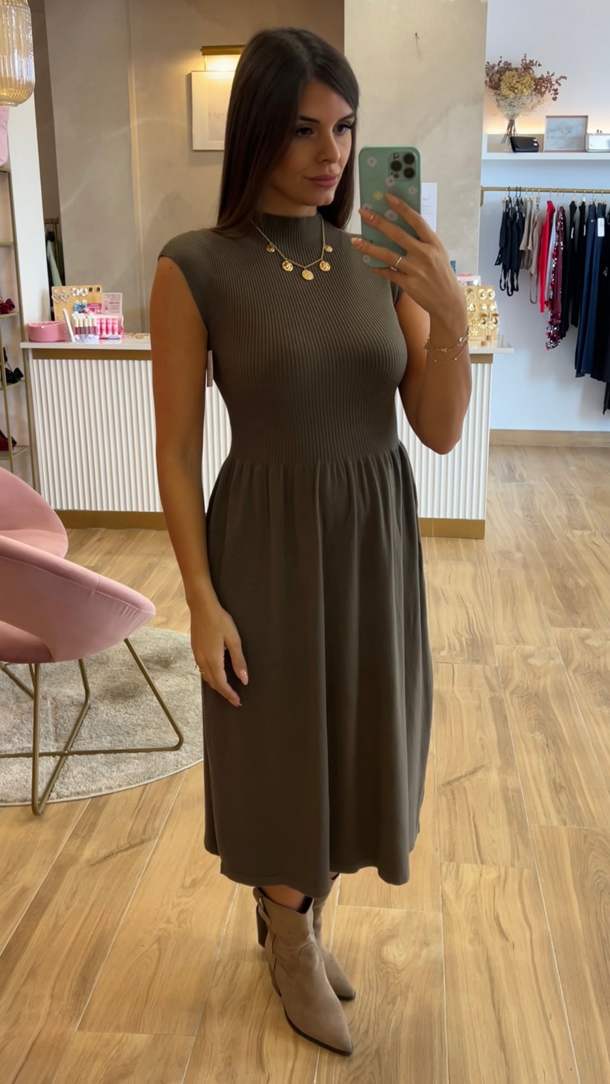 Vestido Punto Canalé Caqui Oscuro