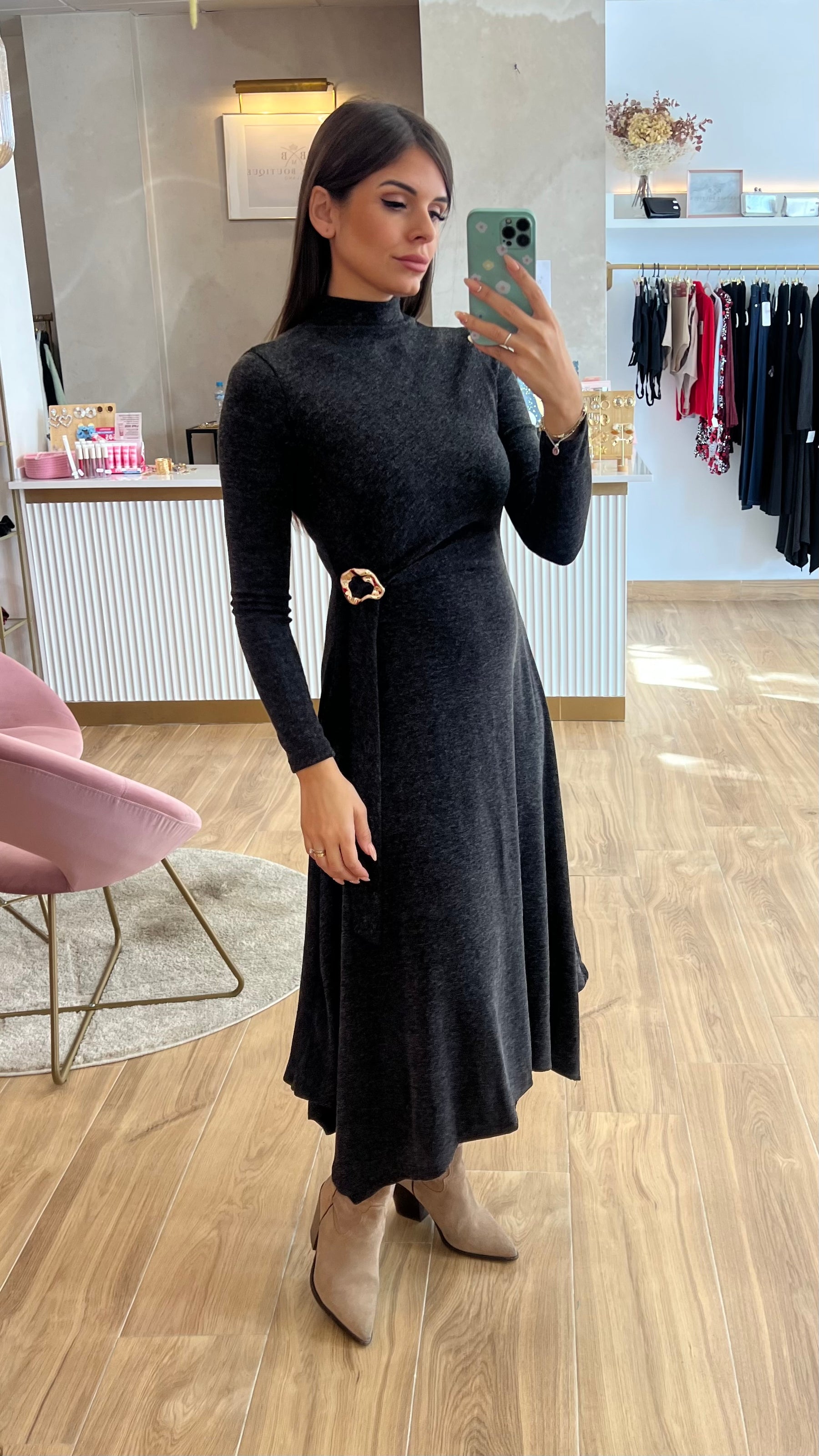 Vestido Midi Punto Premium Manga Larga Gris