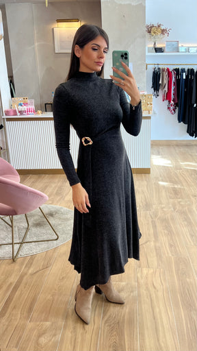 Vestido Midi Punto Premium Manga Larga Gris