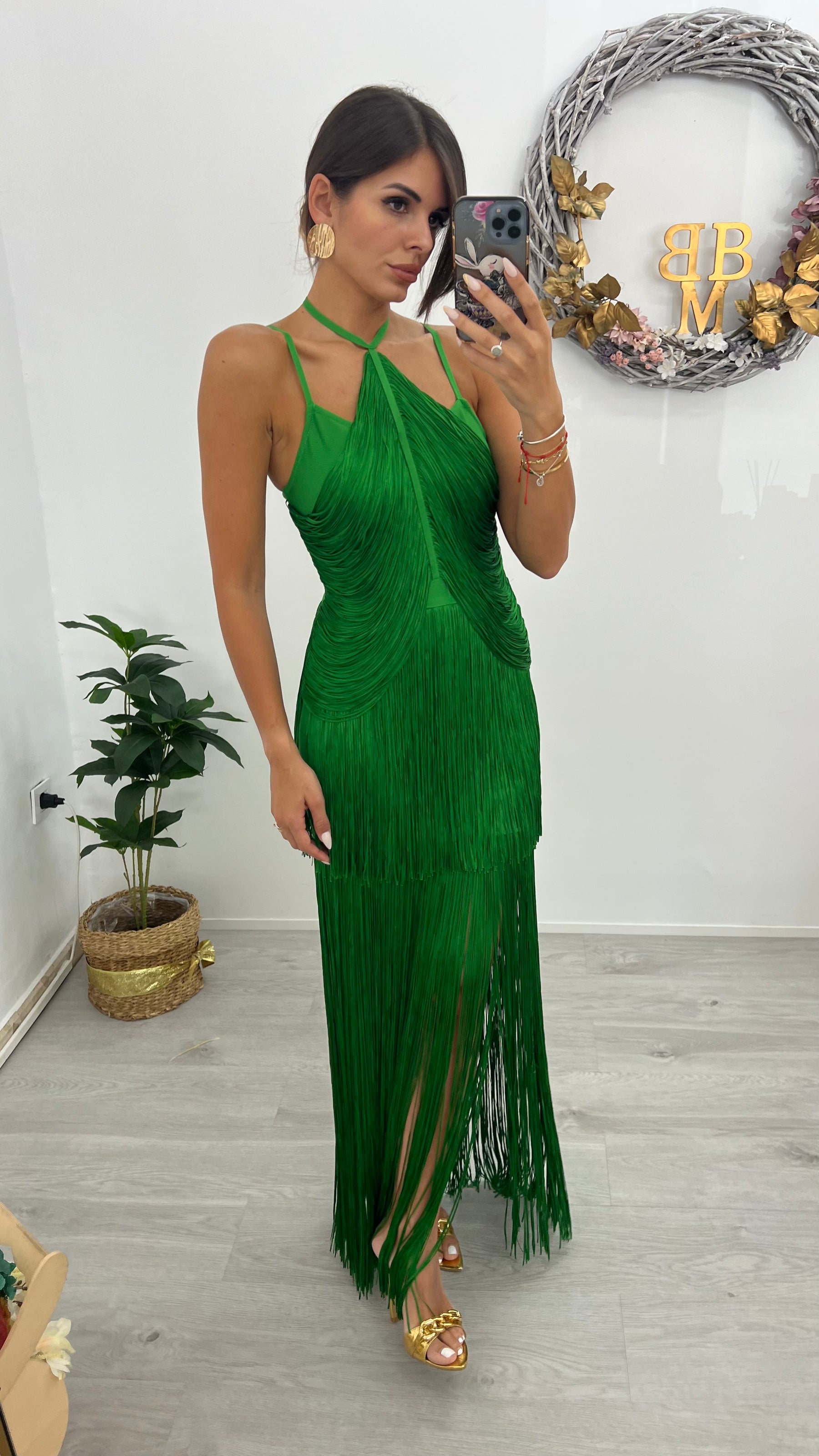 Vestido Bandage Cancún Verde Flecos Edición Limitada