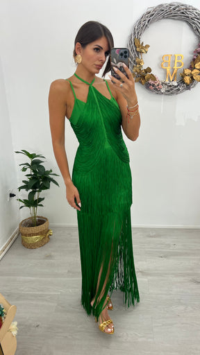 Vestido Bandage Cancún Verde Flecos Edición Limitada