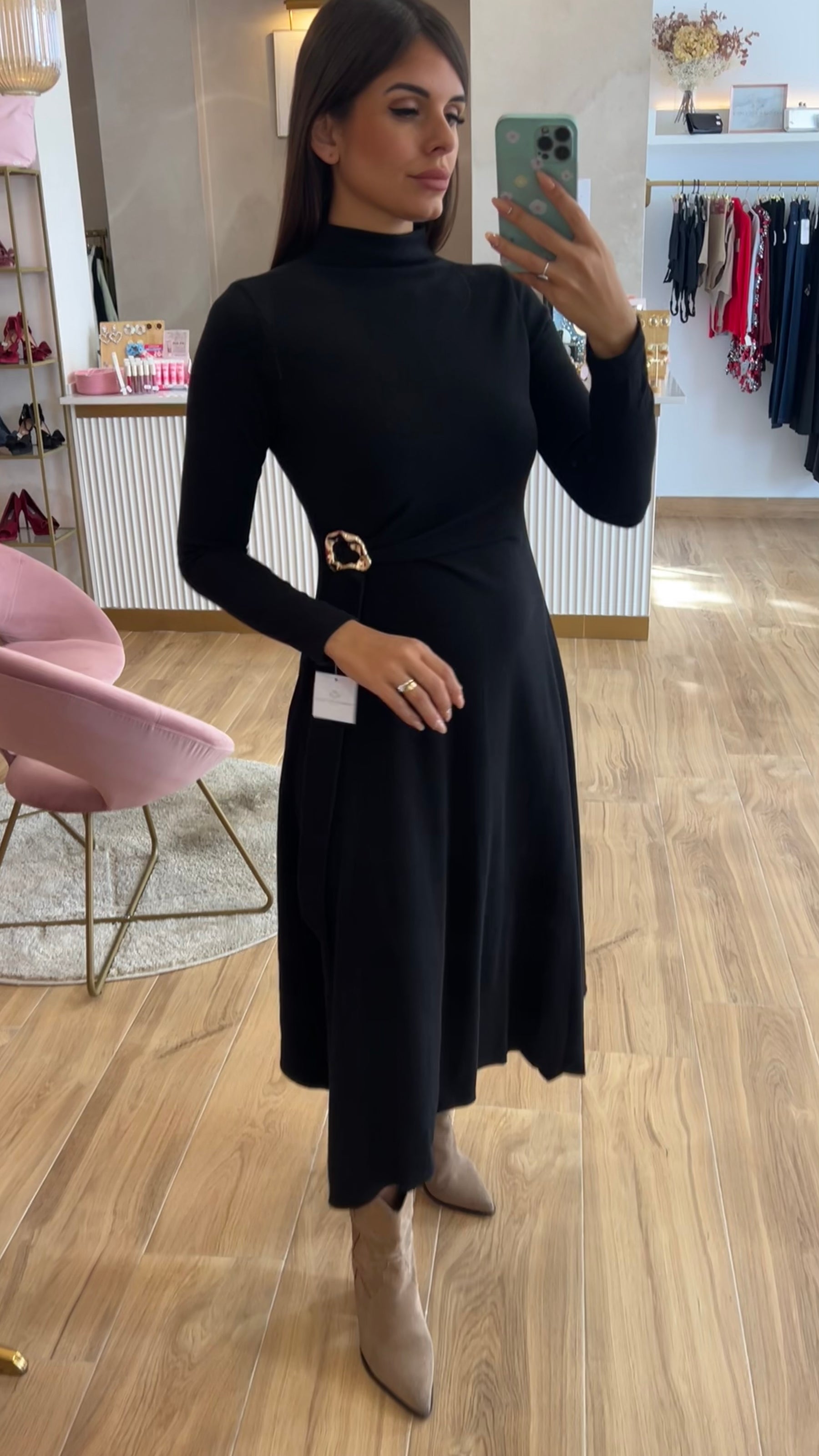 Vestido Midi Punto Premium Manga Larga Negro