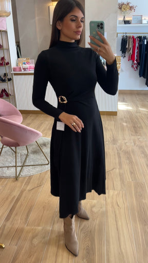 Vestido Midi Punto Premium Manga Larga Negro