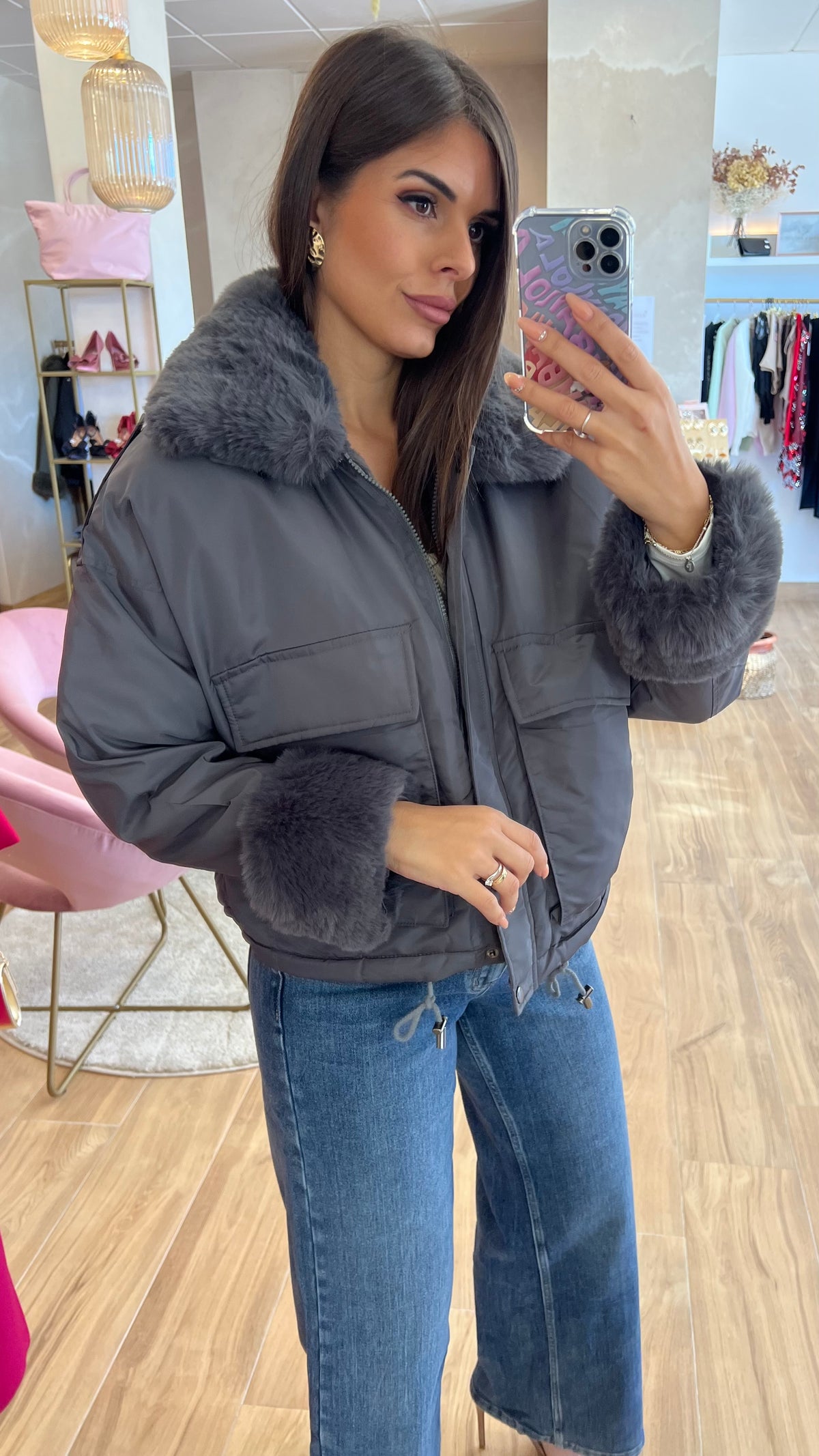 Chaqueta Acolchada Forro Borreguito - Gris Premium