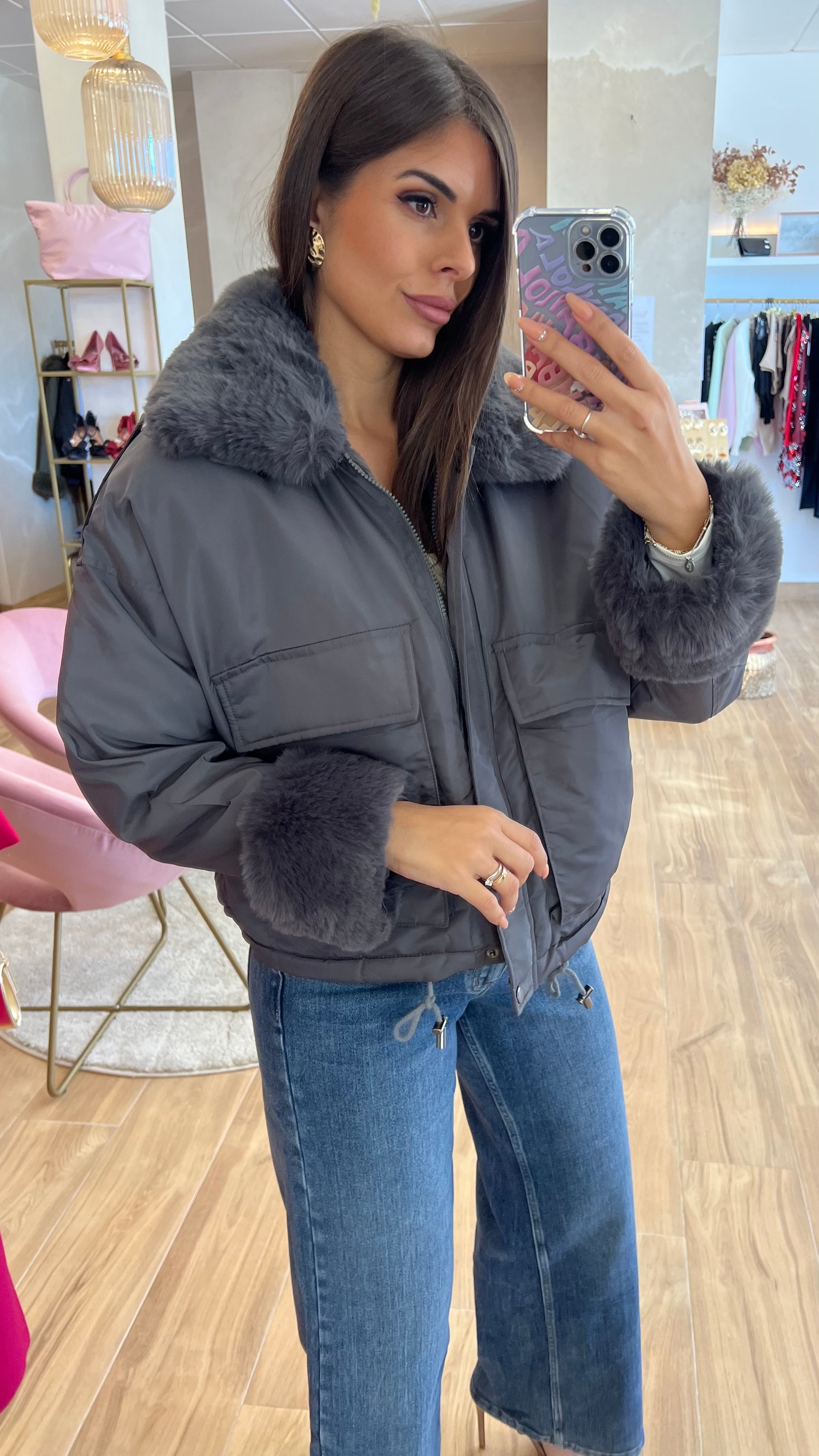 Chaqueta Acolchada Forro Borreguito - Gris Premium