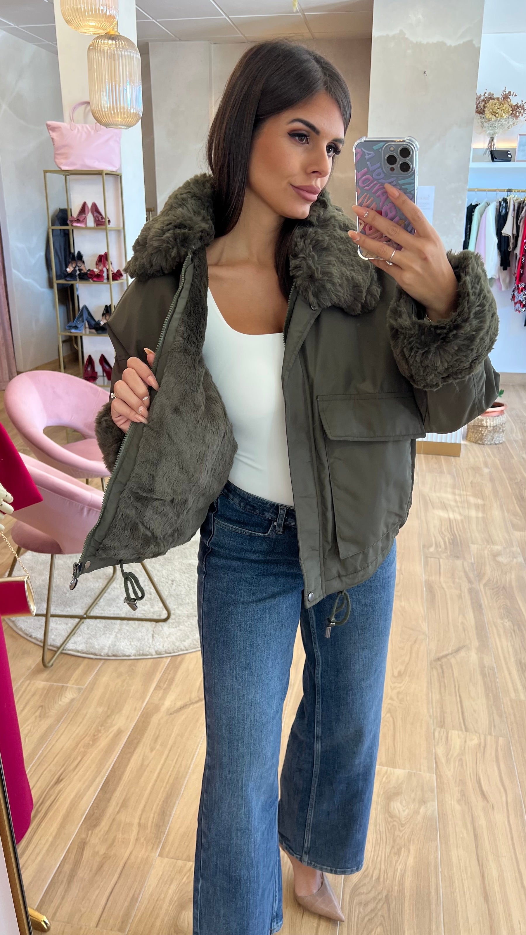 Chaqueta Acolchada Forro Borreguito – Khaki Premium