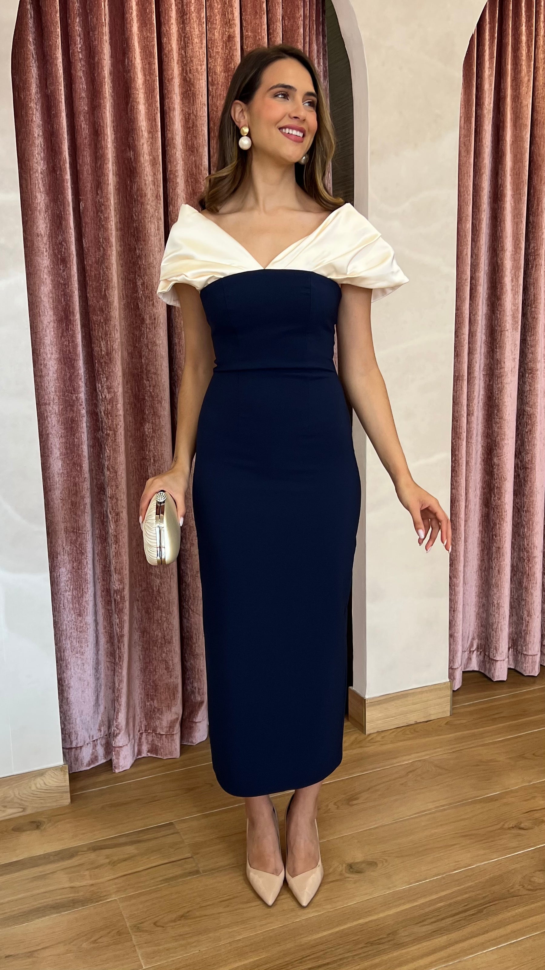 Vestido Escote Bicolor Marino