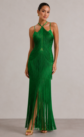 Vestido Bandage Cancún Verde Flecos Edición Limitada