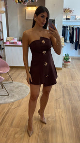 Vestido Asimétrico Botones Oro Chocolate