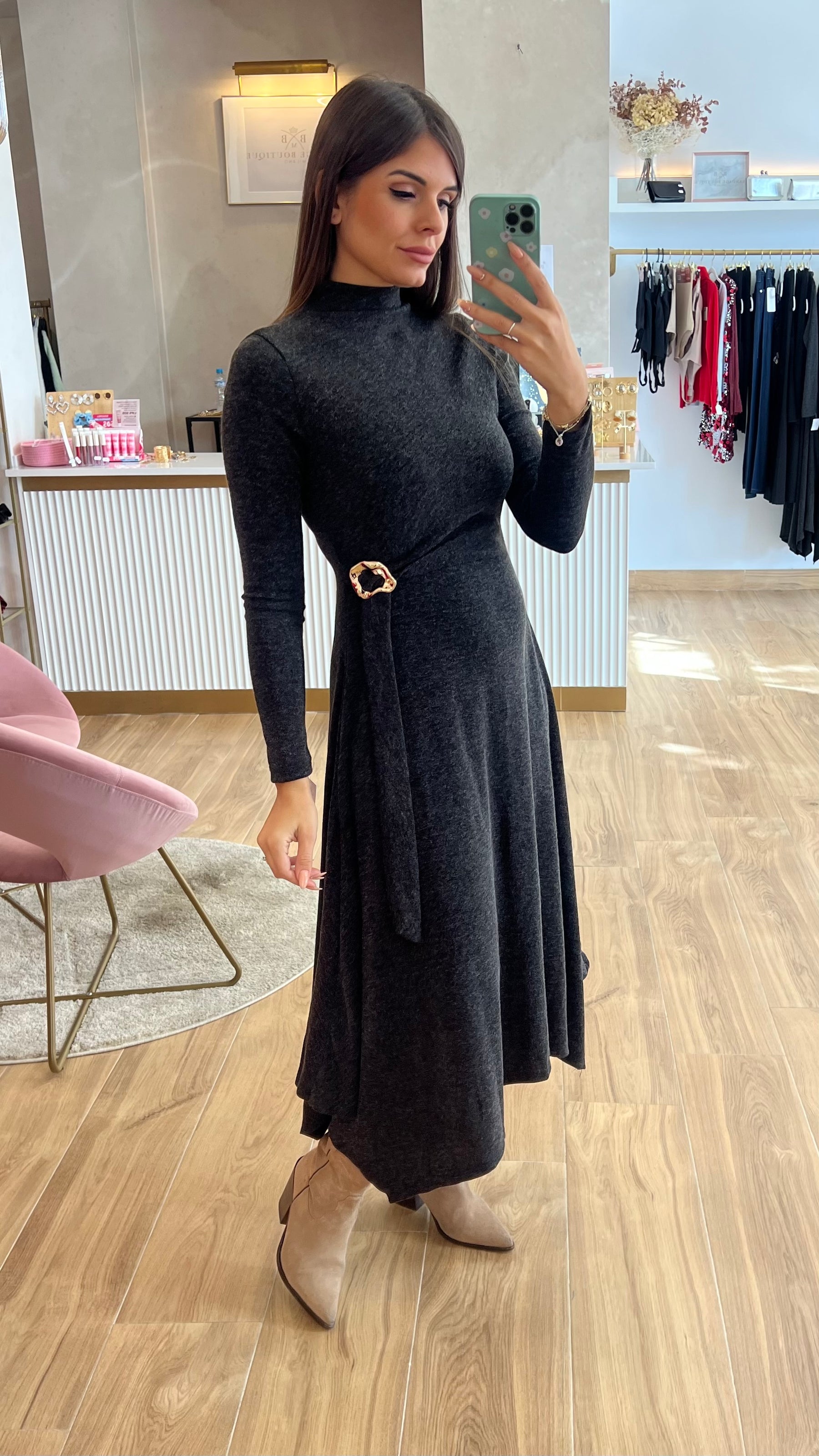 Vestido Midi Punto Premium Manga Larga Gris